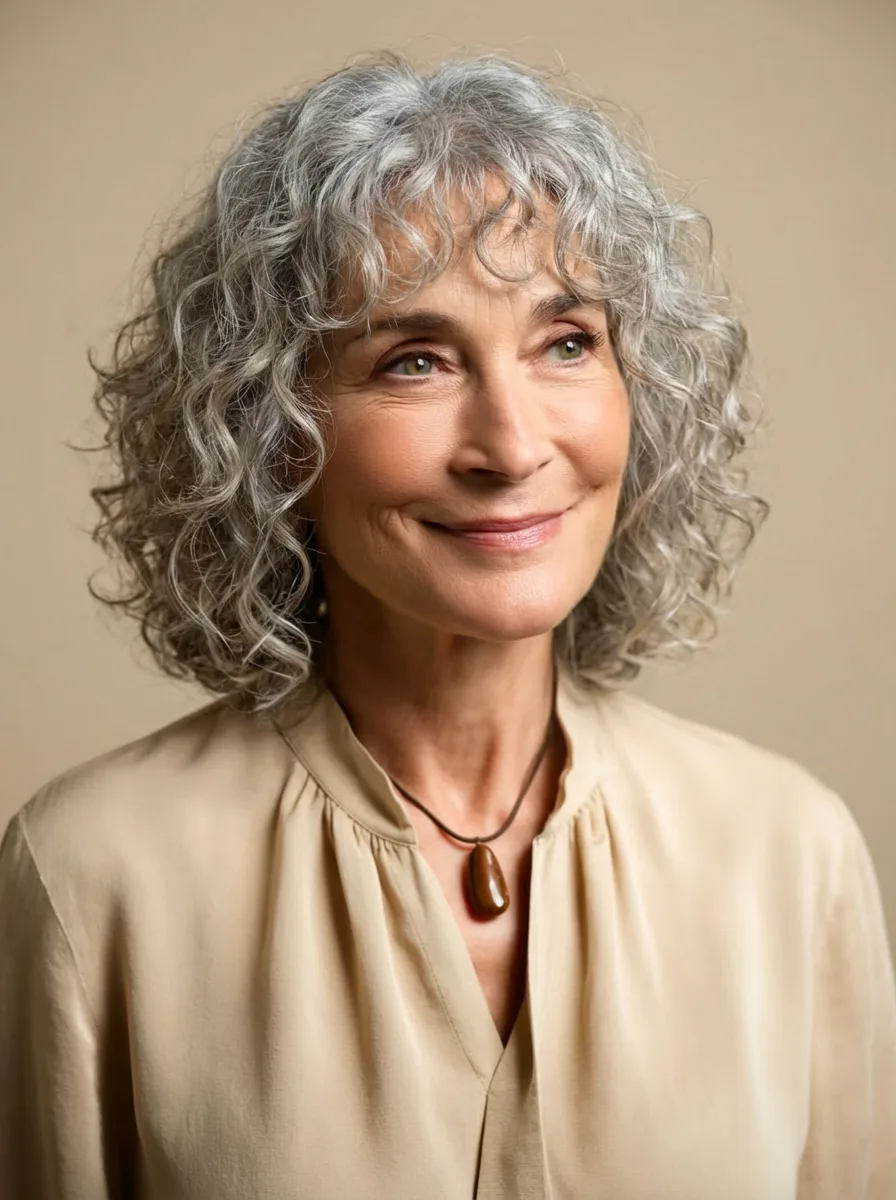 Medium-Volume Silver Gray Layered Curly Bob with Wispy Bangs